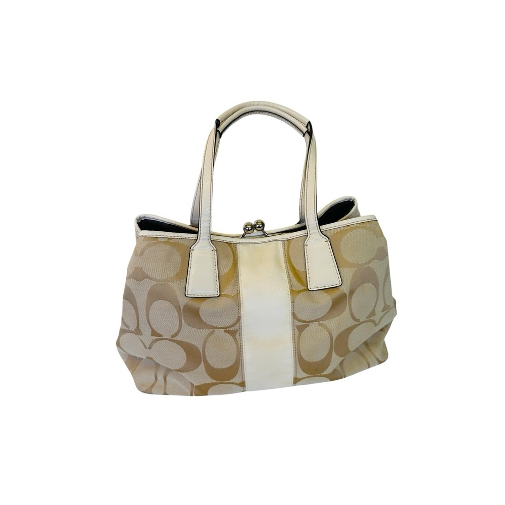Coach Beige Signature Canvas and Patent Leather Kisslock Framed Carryall Tote - Picture 7 of 16